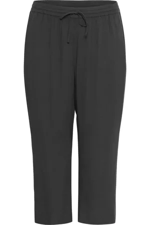 Kaffe Spodnie, Kobieta, Czarny, XL, Len, Czarne Spodnie Cropped z Elastycznym Pasem