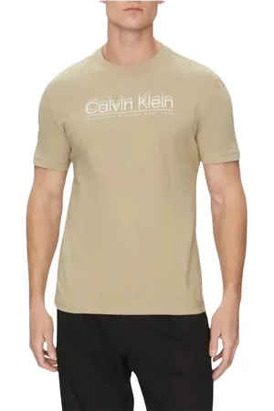 Calvin Klein Koszulki, Mężczyzna, Beżowy, L, Podwójne Logo Beżowy T-shirt z Okrągłym Dekoltem