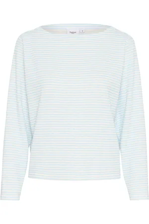 Saint Tropez Koszulki, Kobieta, Niebieski, L, Prążkowany T-shirt z długim rękawem