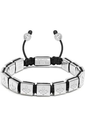 Nialaya Akcesoria, Mężczyzna, Szary, M, Nylon, Bransoletka Flatbead ze srebra sterling