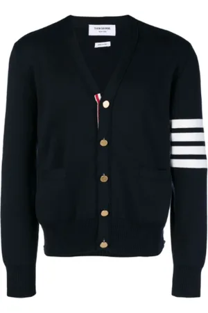 Thom Browne Swetry, Mężczyzna, Niebieski, 2XL, Bawełna, Kardigan z dekoltem w serek Milano Stitch