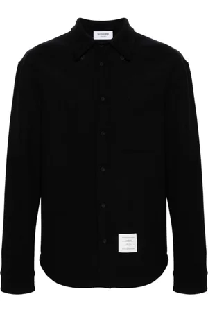 Thom Browne Koszule, Mężczyzna, Niebieski, XL, Bawełna, Niebieska koszula w jodełkę z naszywką z logo