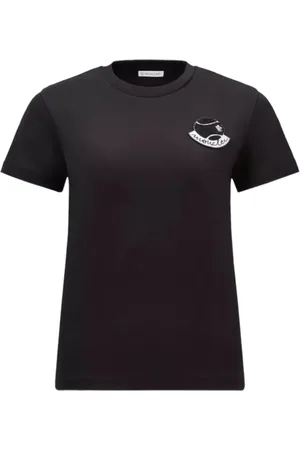 Moncler Koszulki, Kobieta, Czarny, XS, Bawełna, T-shirt z okrągłym dekoltem i naszywką z logo