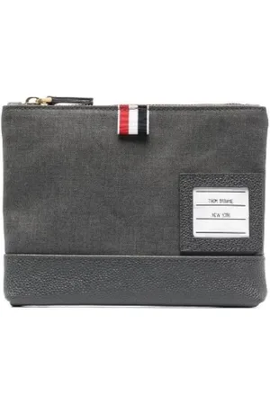 Thom Browne Akcesoria, Mężczyzna, Szary, ONE SIZE, Wełna, Saszetka z Zamkiem z Wełny i Skóry w Średnim Szarym Kolorze o Splocie Skośnym