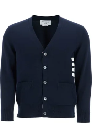 Thom Browne Swetry, Mężczyzna, Niebieski, M, Bawełna, Kardigan bawełniany z 4 paskami i trójkolorowymi detalami