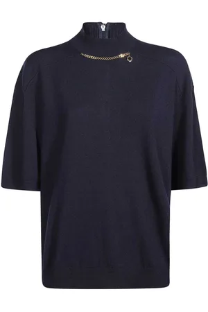 Stella McCartney Swetry, Kobieta, Niebieski, S, Wełna, Prążkowany sweter golf z wełny z aplikacją