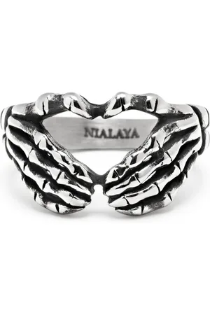 Nialaya Akcesoria, Mężczyzna, Szary, 62 MM, Pierścionek Vintage z Ręką Szkieletu