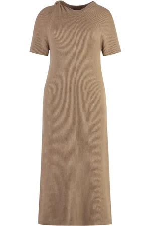Stella McCartney Sukienki, Kobieta, Beżowy, M, Wełna, Prążkowana sukienka midi z dzianiny z odkrytymi ramionami