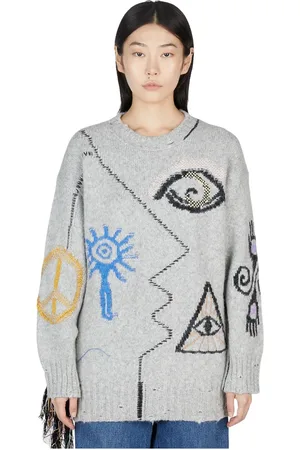 Stella McCartney Swetry, Kobieta, Szary, M, Wełna, Wełniany sweter z graficznym haftem