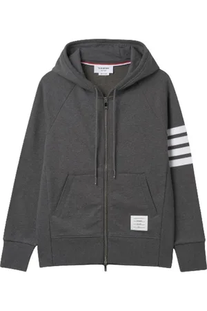 Thom Browne Bluzy, Mężczyzna, Szary, S, Bawełna, Klasyczna bluza z kapturem na zamek błyskawiczny z pętelkową dzianiną i 4 paskami