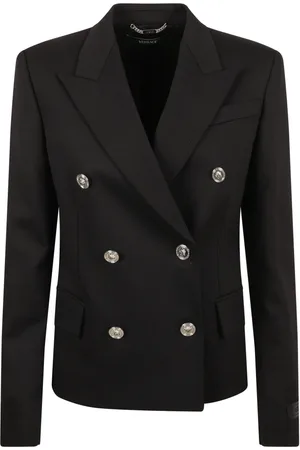 VERSACE Kurtki, Kobieta, Czarny, S, Wełna, Czarna Wełniana Kurtka Grain De Poudre