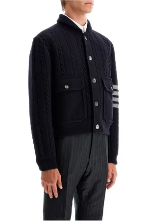 Thom Browne Swetry, Mężczyzna, Niebieski, M, Bawełna, Bomberka z wełny z 4 paskami