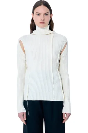 Maison Margiela Swetry, Kobieta, Biały, M, Wełna, Sweter z Prążkowanej Dzianiny z Efektem Postarzenia i Wycięciami