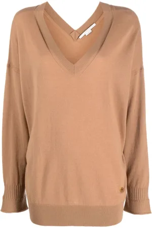 Stella McCartney Swetry, Kobieta, brązowy, M, Wełna, Brązowy sweter dziergany z dekoltem w serek i logo