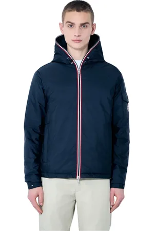 Moncler Kurtki, Mężczyzna, Niebieski, XL, Wodoodporna kurtka puchowa z kapturem i wykończeniem
