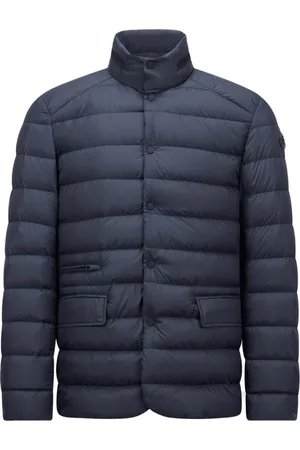 Moncler Kurtki, Mężczyzna, Niebieski, 2XL, Poliester, Kurtka puchowa z obszyciem ze skóry