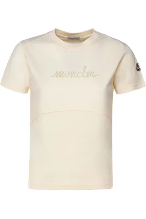 Moncler Koszulki, Kobieta, Biały, M, Bawełna, Bawełniany T-shirt z Logo i Koralikami