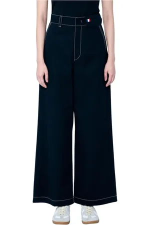 Moncler Spodnie, Kobieta, Czarny, XS, Bawełna, Spodnie z szerokimi nogawkami i wysokim stanem z kontrastowymi przeszyciami