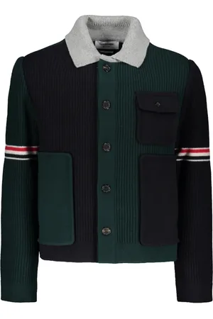 Thom Browne Swetry, Mężczyzna, Zielony, L, Wełniany Kardigan z Detalami w Trójkolorze
