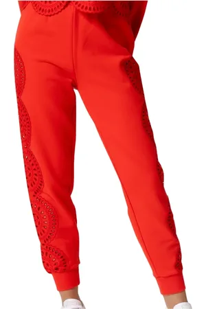 Stella McCartney Spodnie, Kobieta, Czerwony, M, Spodnie dresowe z dżerseju z detalami Broderie Anglaise