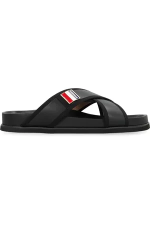 Thom Browne Buty, Mężczyzna, Czarny, 40 EU, Skóra, Skórzane klapki z detalem w postaci rypsowej wstążki