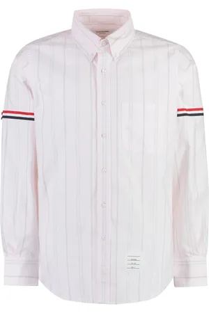 Thom Browne Koszule, Mężczyzna, Różowy, XL, Bawełna, Koszula bawełniana w paski z trójkolorowym detalem