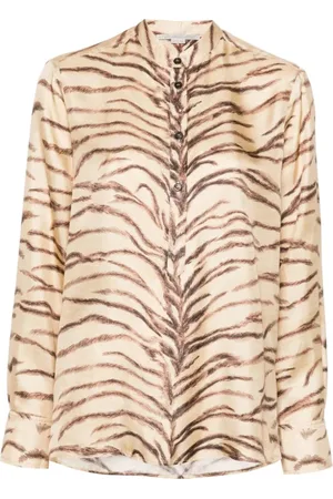 Stella McCartney Bluzki, Kobieta, Beżowy, S, Satyna, Jedwabna koszula w tygrysi wzór