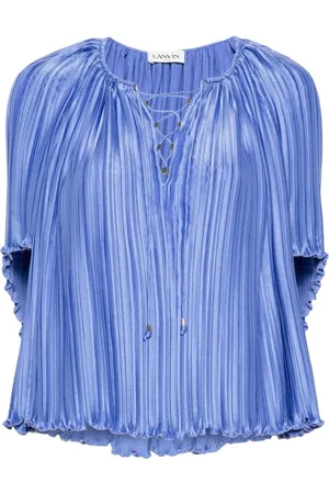 Lanvin Bluzki, Kobieta, Niebieski, L, Charmeuse Plisowana Bluzka z Okrągłym Dekoltem