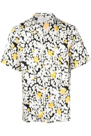 Lanvin Koszule, Mężczyzna, Wielobarwność, M, Koszula z krótkim rękawem, czarny jedwab, kwiatowy wzór