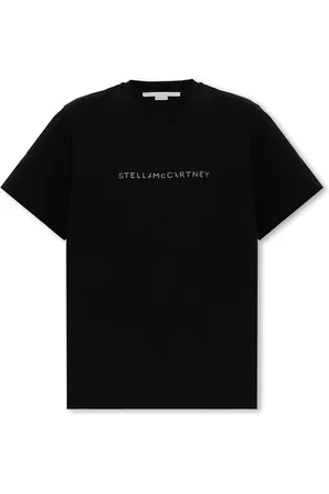 Stella McCartney Koszulki, Kobieta, Czarny, XS, Bawełna, Bawełniany T-shirt z nadrukiem logo