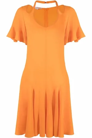 Stella McCartney Sukienki, Kobieta, Pomarańczowy, 4XS, Pomarańczowa sukienka z rozkloszowanym dołem i dekoltem w serek z mieszanki jedwabiu