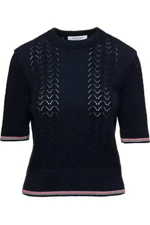 Thom Browne Swetry, Kobieta, Niebieski, S, Bawełna, Top z dzianiny pointelle z okrągłym dekoltem