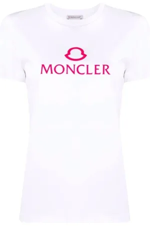 Moncler Koszulki, Kobieta, Biały, S, Bawełna, Różowy T-shirt Casual z Nadrukiem Logo