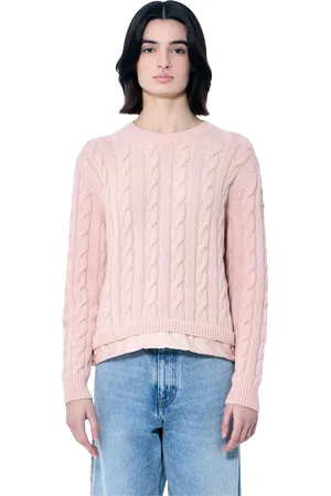 Moncler Swetry, Kobieta, Różowy, L, Wełna, Sweter z dzianiny kablowej ze sznurkiem u dołu