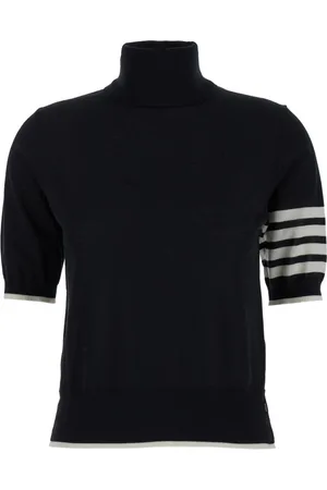 Thom Browne Swetry, Kobieta, Czarny, S, Wełna, Golf Wysoki z 3 Paskami