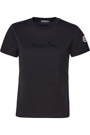 Moncler Koszulki, Kobieta, Czarny, M, Bawełna, Czarny bawełniany T-shirt z logo z koralikami