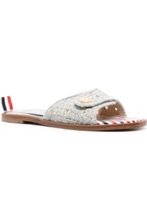 Thom Browne Buty, Kobieta, Szary, 36 1/2 EU, Tweed, Tweedowe klapki z ozdobnym guzikiem z kotwicą
