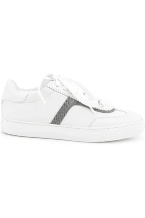 Brunello Cucinelli Buty, Kobieta, Biały, 36 EU, Białe Skórzane Sneakersy z Łańcuchem Monili