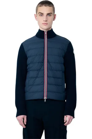 Moncler Kurtki, Mężczyzna, Niebieski, M, Bawełna, Padded Cardigan with Color Stripes