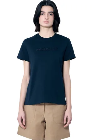 Moncler Koszulki, Kobieta, Niebieski, L, Bawełna, Koszulka z okrągłym dekoltem i motywem logo