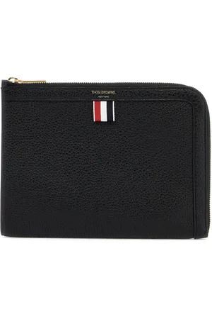 Thom Browne Torebki, Mężczyzna, Czarny, ONE SIZE, Skóra, Skórzana saszetka z trójkolorową wstążką