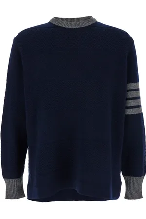 Thom Browne Swetry, Mężczyzna, Niebieski, S, Wełna, Niebiesko-szary sweter z dzianiny z detalem 4 Bar