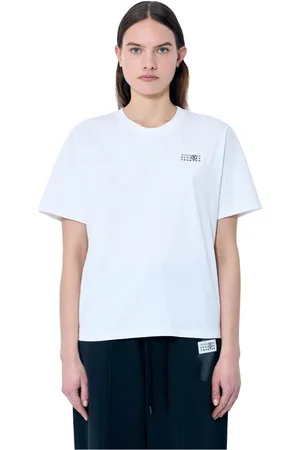 Maison Margiela Koszulki, Kobieta, Biały, S, Bawełna, Koszulka Crewneck z Naszywką Logo