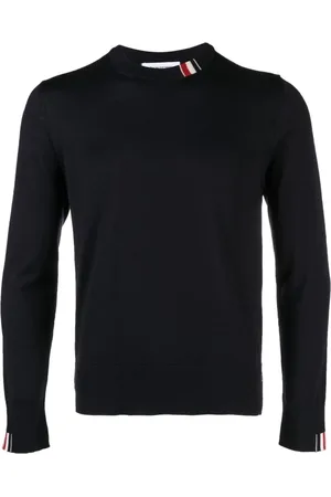 Thom Browne Swetry, Mężczyzna, Niebieski, L, Wełna, Sweter z dżerseju z delikatnej wełny merino w paski z luźnym dekoltem typu crew neck