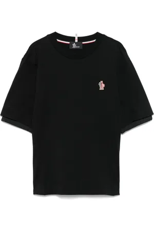 Moncler Koszulki, Kobieta, Czarny, L, Bawełna, T-shirt z okrągłym dekoltem i naszywką z logo