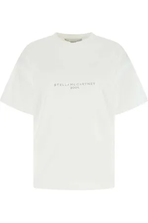 Stella McCartney Koszulki, Kobieta, Biały, XS, Bawełna, T-shirt z okrągłym dekoltem i obniżoną linią ramion