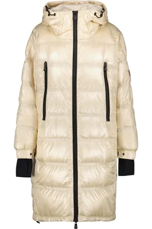 Moncler Płaszcze, Kobieta, Beżowy, S, Nylon, Długi płaszcz puchowy z kapturem