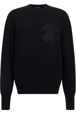 Roberto Cavalli Swetry, Mężczyzna, Czarny, M, Wełna, Sweter dzianinowy z haftowanym logo