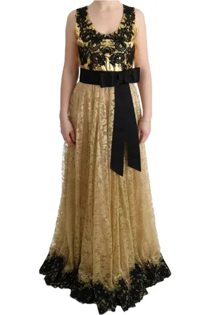 Dolce & Gabbana Sukienki, Kobieta, Żółty, S, Złoto Czarna Kwiatowa Koronkowa Sukienka