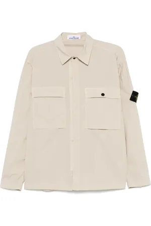 Stone Island Kurtki, Mężczyzna, Beżowy, XL, Klasyczna Beżowa Koszula z Plakietką Kompasu